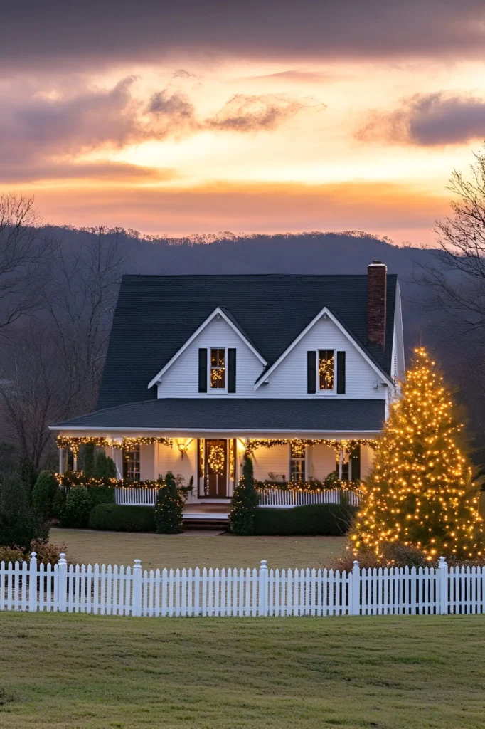 Modern white farmhouse with Christmas lights, garlands, a lit Christmas tree, and a sunset sky in the background, surrounded by a white picket fence.