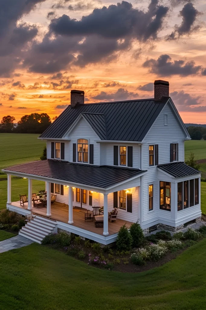 Modern white farmhouse with a black metal roof, wraparound porch, tall windows, and blooming gardens, set against a dramatic sunset sky.