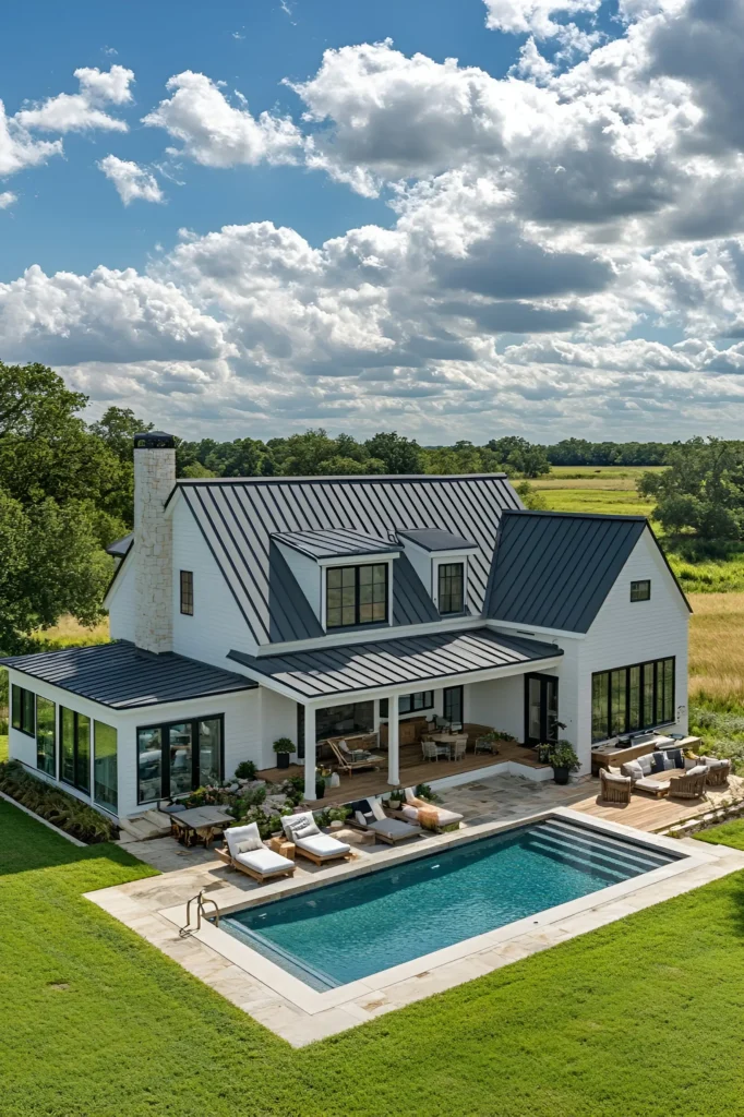 Modern white farmhouse with a black metal roof, swimming pool, outdoor patio, and lush green surroundings.