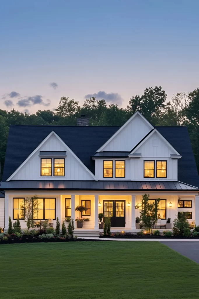 Modern white farmhouse with black-framed windows, a black metal roof, and a lit front porch, set against a twilight sky and wooded background.