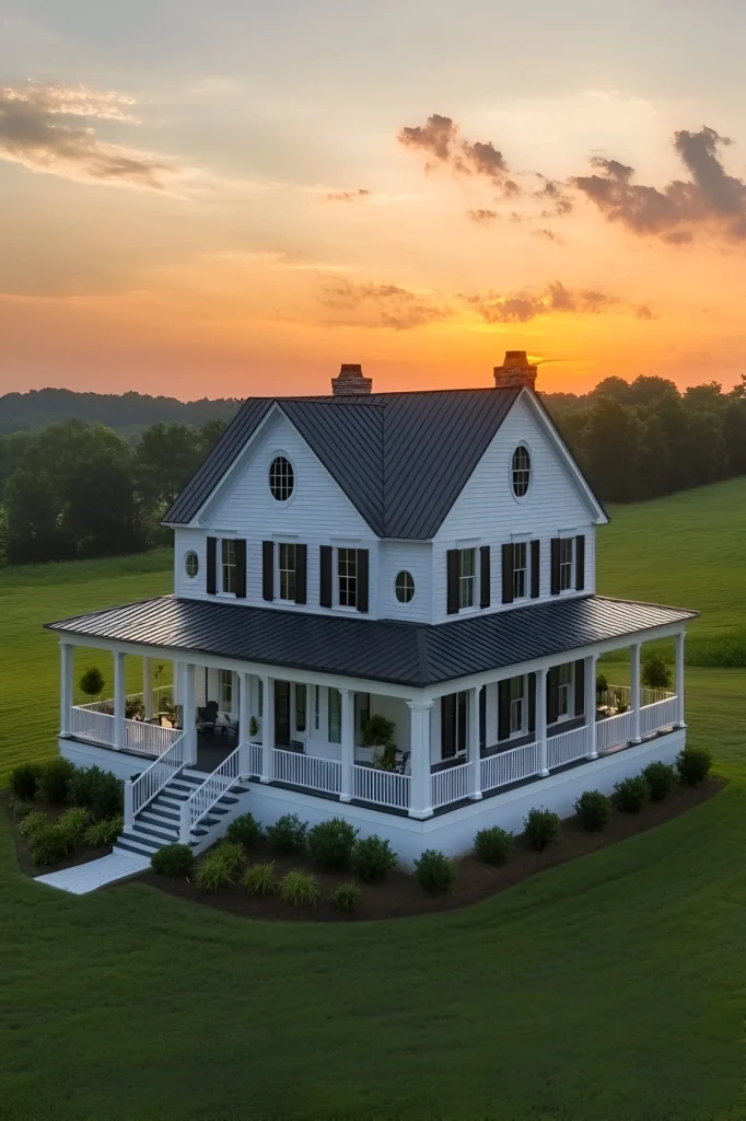 White farmhouse with a wraparound porch, black shutters, and a metal roof, highlighted by a stunning sunset and surrounded by lush green fields.