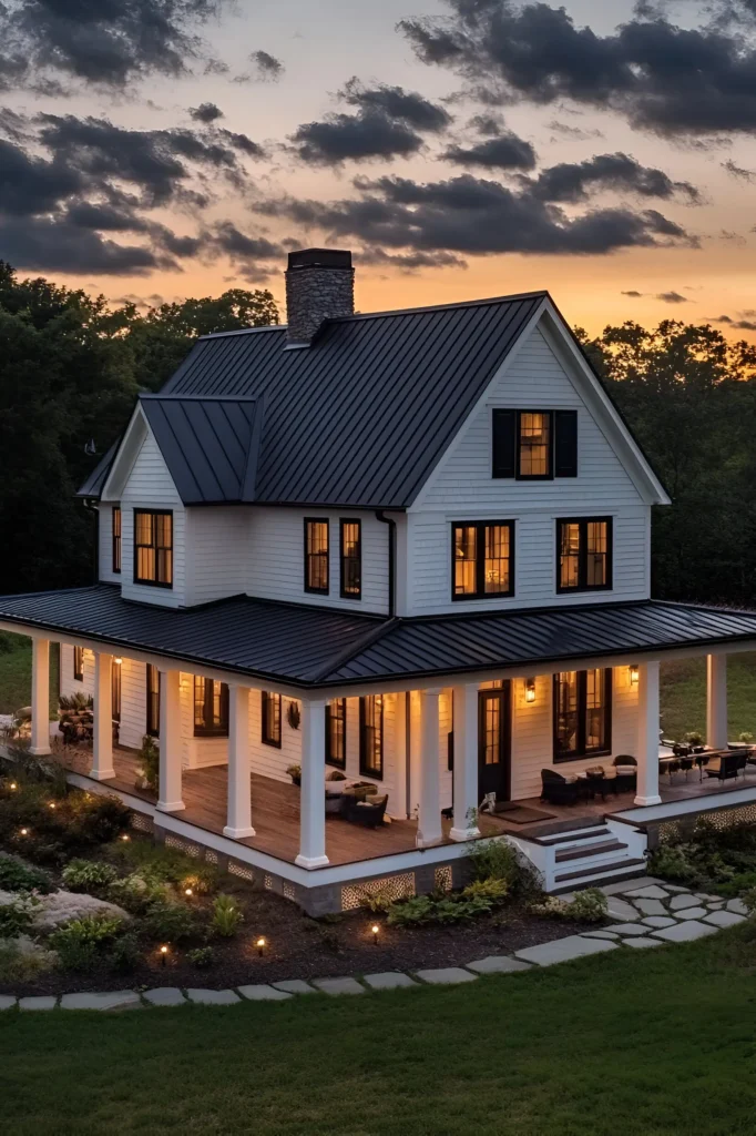 A beautifully lit white farmhouse with a wraparound porch, black shutters, and a black metal roof, surrounded by a glowing sunset and landscaped gardens.