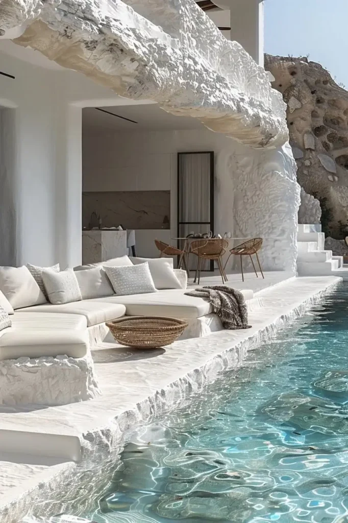 Mediterranean-style pool house with textured white stone walls, cozy beige seating, a wicker basket, and a sparkling blue pool surrounded by natural landscapes.