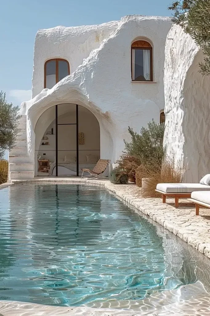 Mediterranean pool house with white arched walls, a clear reflecting pool, and a minimalist outdoor lounge setup surrounded by natural landscaping.