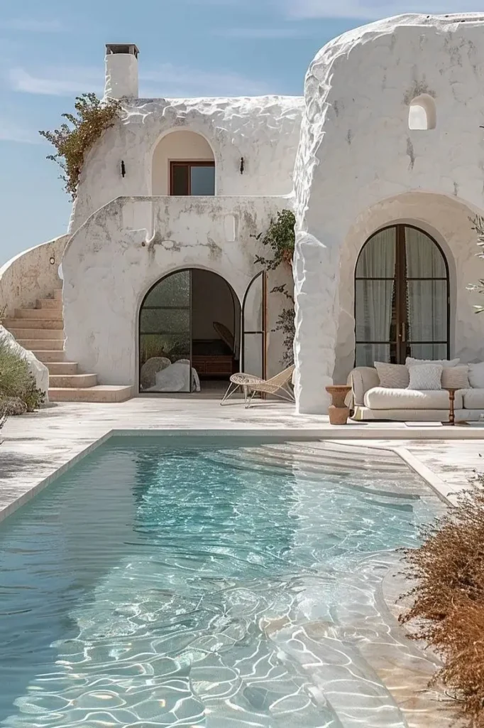 Mediterranean pool house featuring white arched walls, a pristine rectangular pool, natural stone patio, and cozy outdoor furniture in a serene landscape.