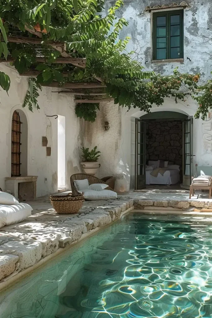 Rustic Mediterranean pool house with stone walls, a turquoise pool, shaded lounge area with wicker furniture, and lush green vines covering the pergola.