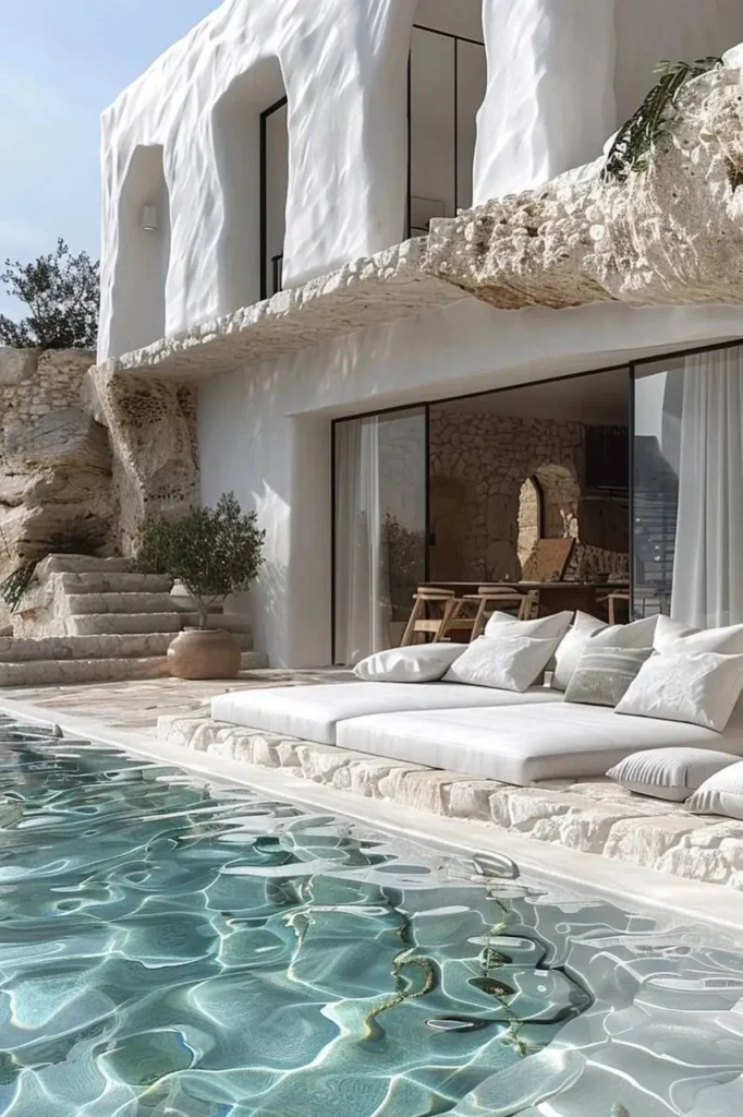 Mediterranean pool house with white textured walls, large glass sliding doors, stone patio, plush outdoor cushions, and a sparkling turquoise pool.