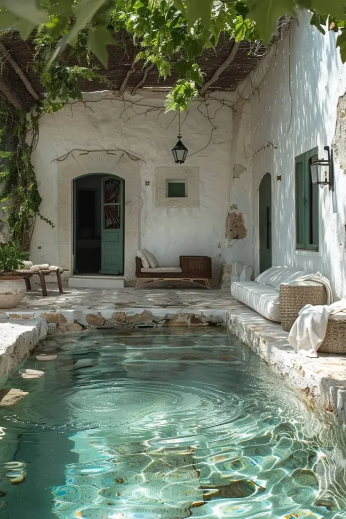 Mediterranean pool house featuring white plaster walls, a vine-covered pergola, turquoise pool, and wicker seating on a rustic stone patio.