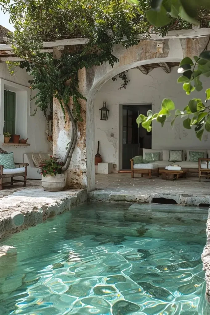 Mediterranean pool house with vine-covered stone arches, a turquoise pool, outdoor seating with green cushions, and a rustic whitewashed backdrop.