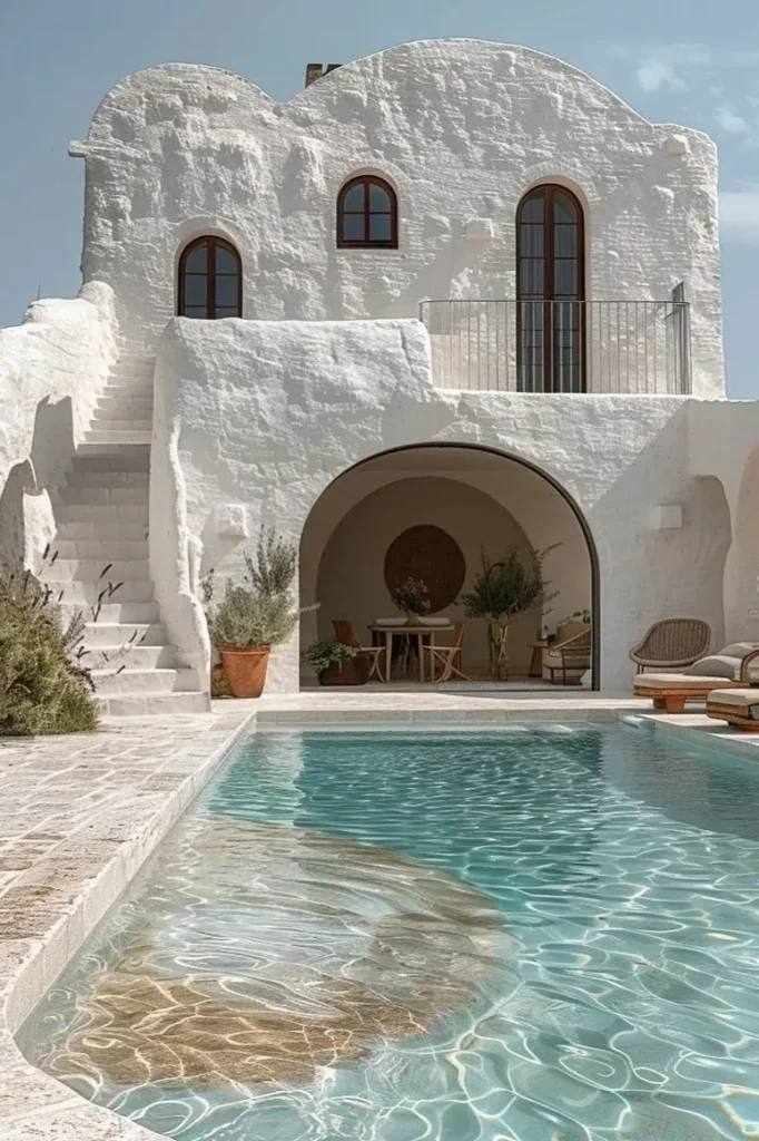 Mediterranean pool house with white sculpted walls, arched windows and doorways, a turquoise pool, and a rustic patio with outdoor seating and greenery.