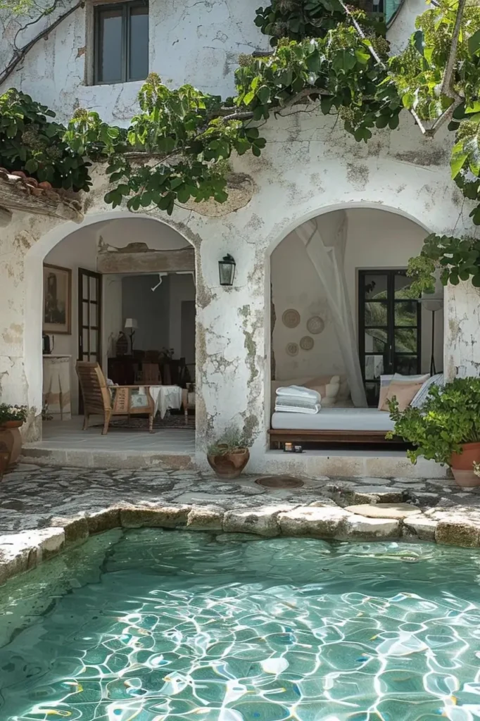 Mediterranean pool house with weathered white walls, arched doorways, a turquoise pool, cozy outdoor seating, and greenery cascading over the pergola.