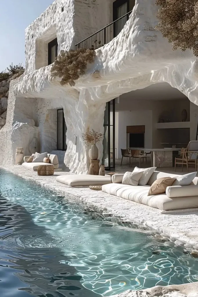 Modern Mediterranean pool house with sculpted white walls, a turquoise pool, plush beige lounge seating, and minimalist indoor-outdoor living.