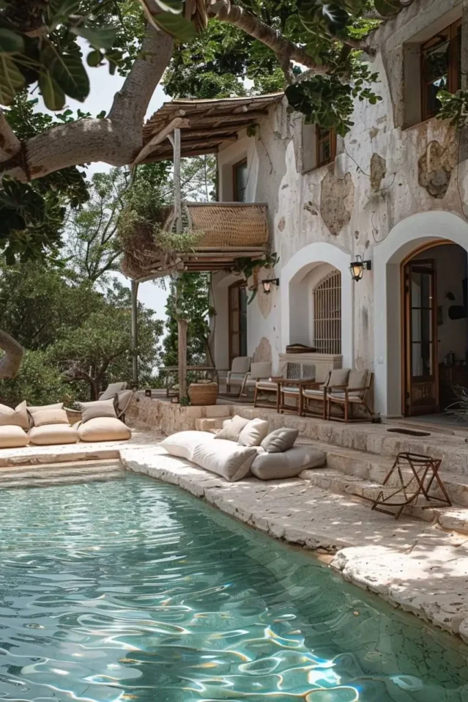 Rustic Mediterranean pool house with stone walls, a turquoise pool, outdoor seating, and greenery surrounding a charming balcony.