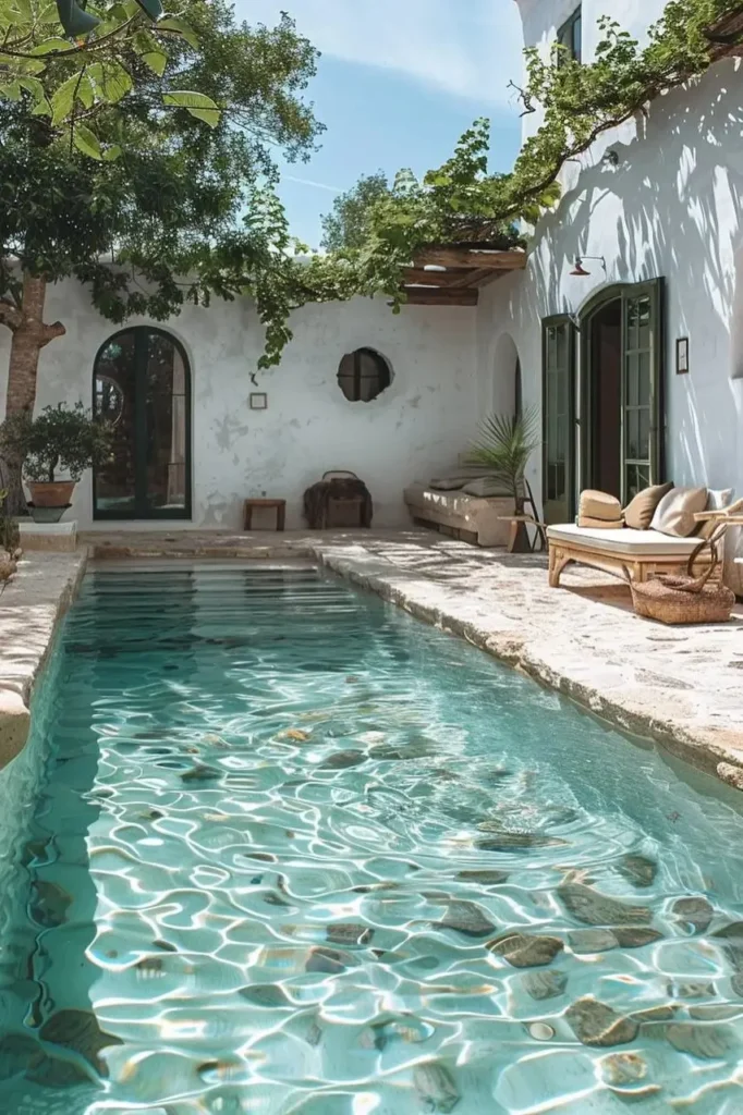 Mediterranean courtyard pool with turquoise water, arched green doors, natural stone patio, cozy outdoor seating, and lush greenery.