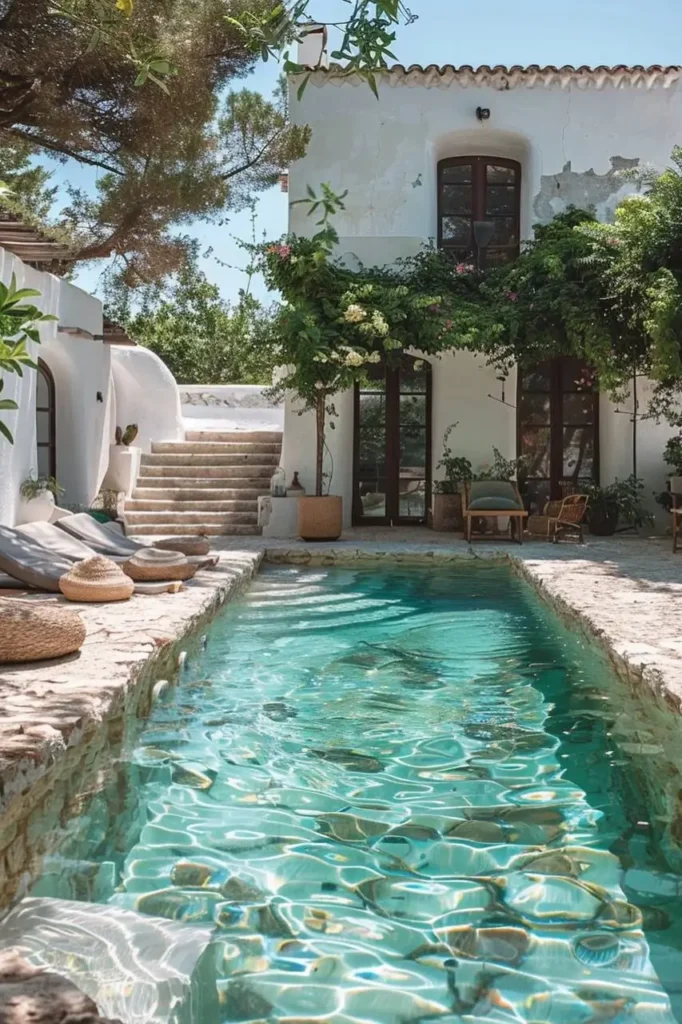 Mediterranean pool house with turquoise pool, stone stairs, whitewashed walls, lush greenery, and cozy outdoor seating under a serene sky.