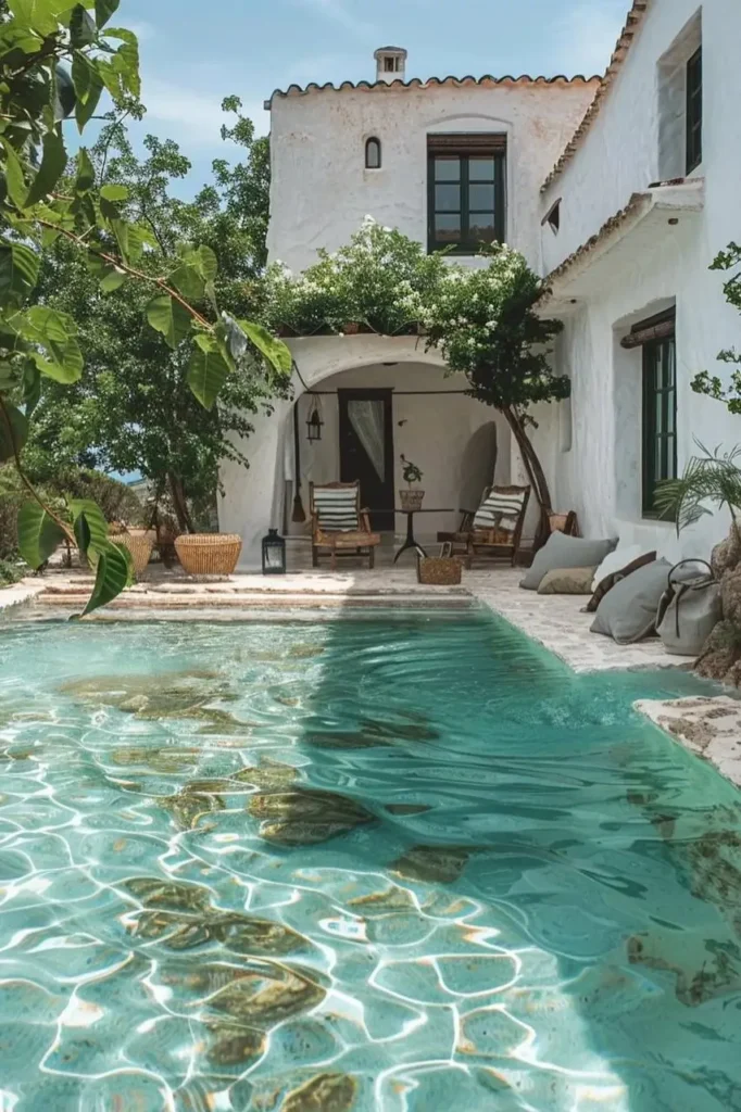 Mediterranean pool house with a turquoise pool, whitewashed walls, arched patio, lush greenery, and cozy outdoor seating with striped cushions.