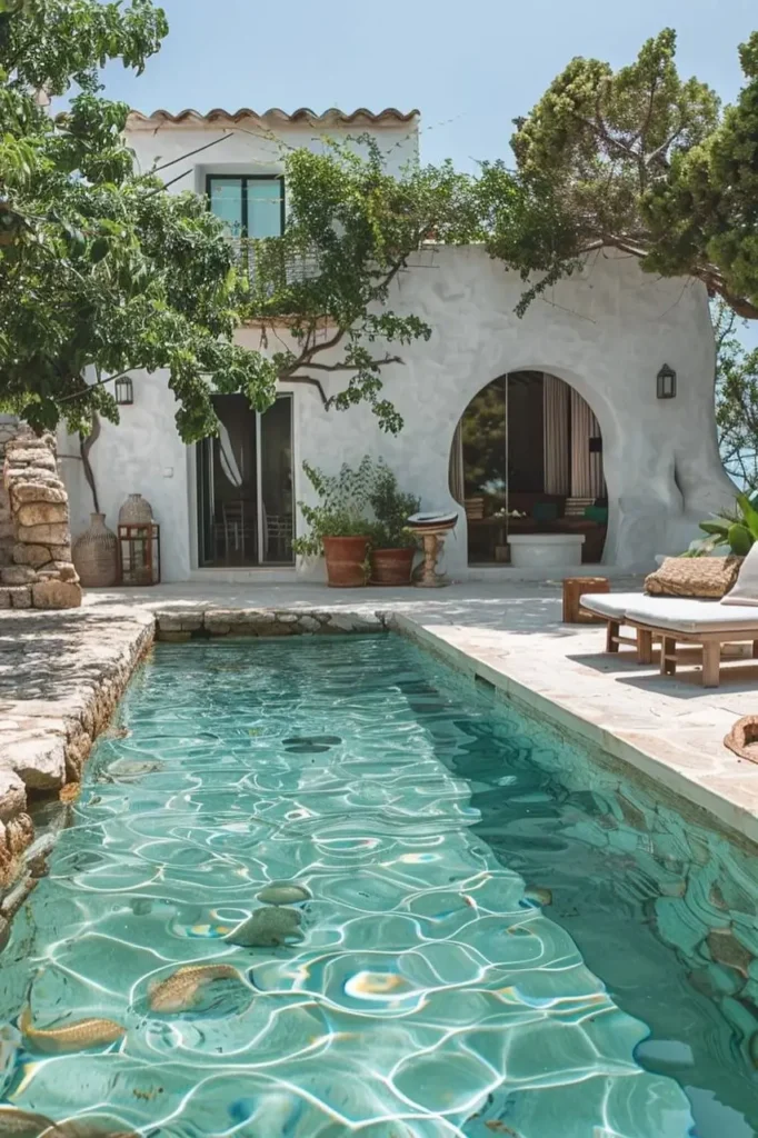 Mediterranean pool house with a turquoise pool, whitewashed walls, arched doorways, natural stone patio, and lush greenery.