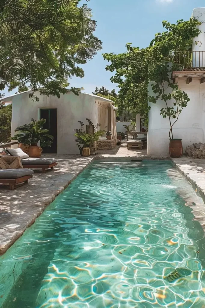 Mediterranean pool house with a turquoise pool, natural stone patio, potted greenery, shaded seating areas, and minimalist lounge chairs.