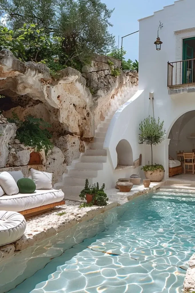 Mediterranean pool house with a turquoise pool, rugged stone walls, white staircase, arched doorways, and cozy seating surrounded by potted plants.