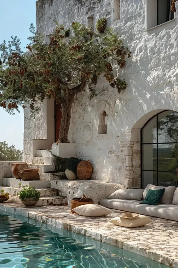 Mediterranean pool house with a turquoise pool, stone patio, ancient olive tree, rustic pottery, and cozy lounge cushions.