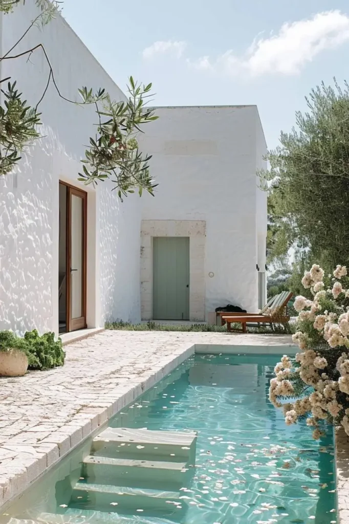 Minimalist Mediterranean pool house with whitewashed walls, a turquoise pool, blooming flowers, and wooden lounge chairs in a serene outdoor setting.