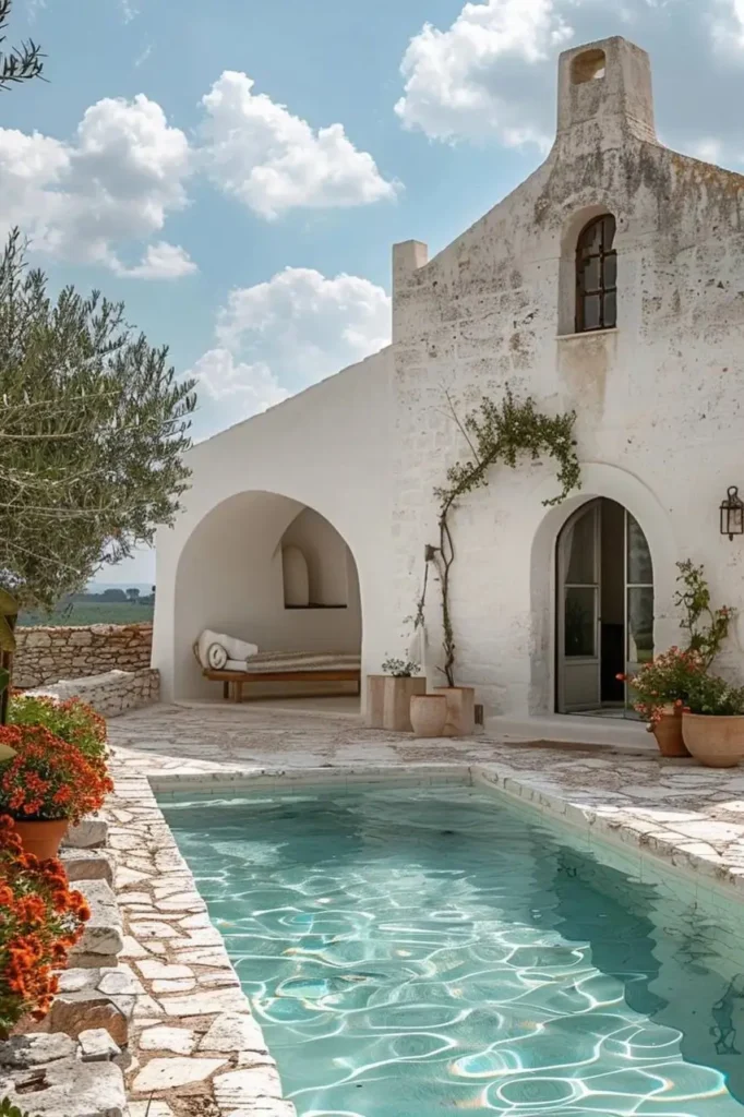 Mediterranean courtyard pool with whitewashed walls, arched doorways, vibrant flowers, a turquoise pool, and a cozy poolside nook.