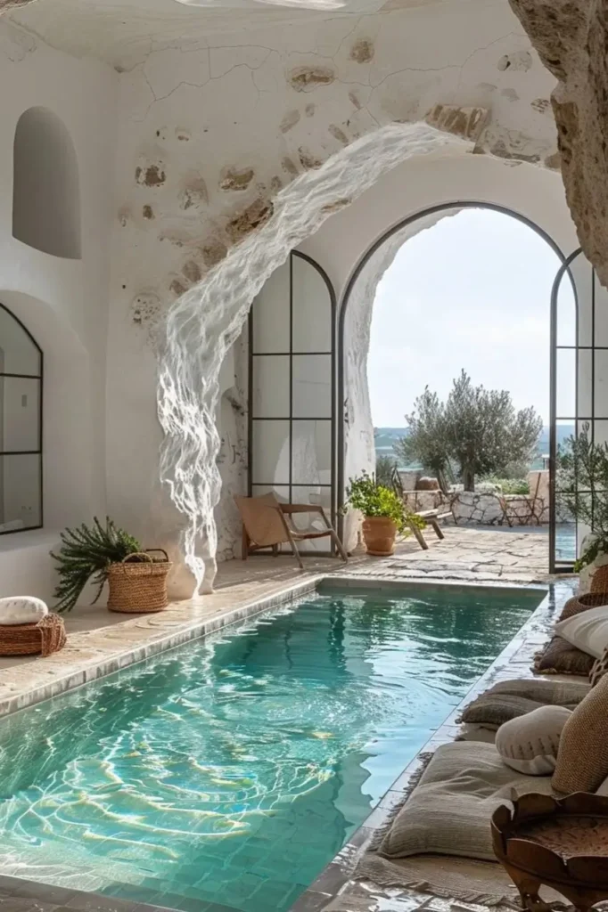 Mediterranean indoor-outdoor pool house with stone walls, arched windows, turquoise pool, cozy seating, and potted greenery overlooking scenic views.