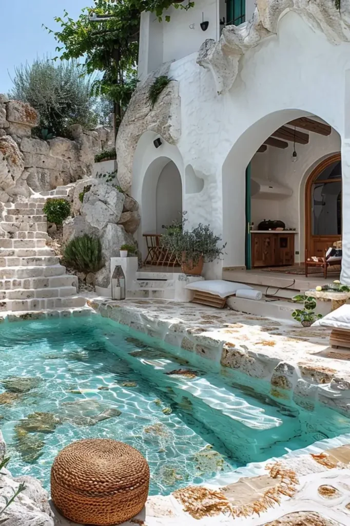 Mediterranean pool house with a turquoise pool, sculpted white walls, natural stone steps, arched entryways, and potted greenery.