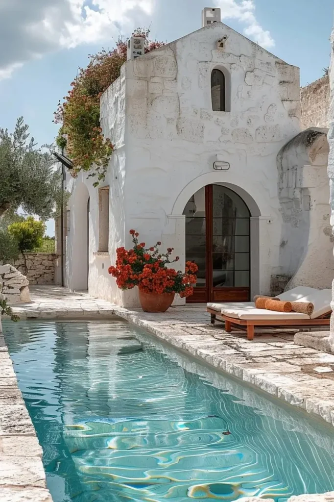 Mediterranean pool house with whitewashed walls, vibrant potted flowers, a turquoise pool, natural stone patio, and cozy lounge chairs.