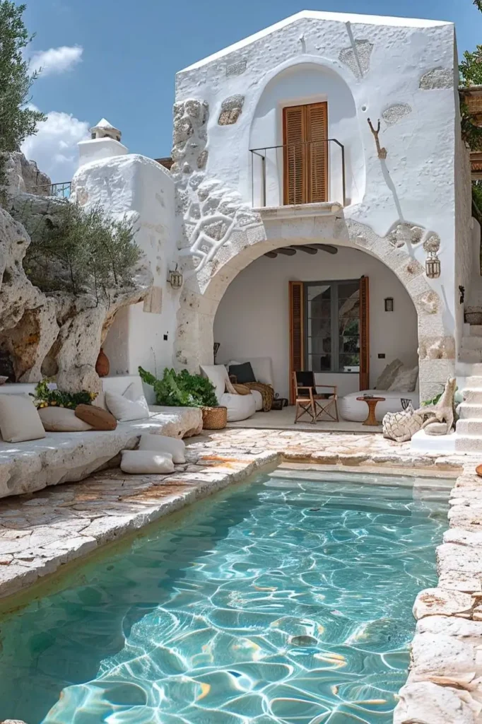 Mediterranean pool house with turquoise pool, whitewashed walls, natural stone accents, arched entryways, and cozy seating with greenery.