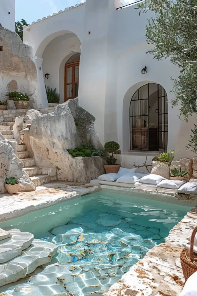 Mediterranean pool courtyard with turquoise pool, rugged stone accents, whitewashed walls, arched windows, and potted plants.