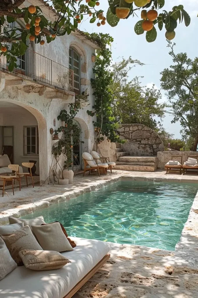 Mediterranean pool house with weathered stone walls, turquoise pool, citrus trees, elegant lounge seating, and lush greenery.