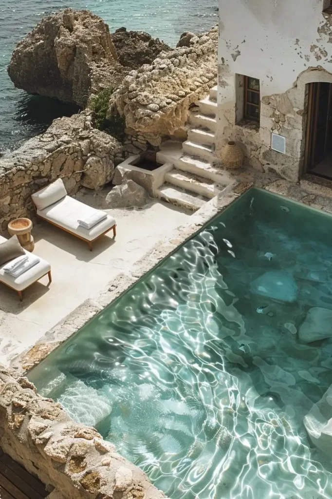 Mediterranean pool house with turquoise pool, stone walls, rocky coastal landscape, and sun loungers on a serene terrace.