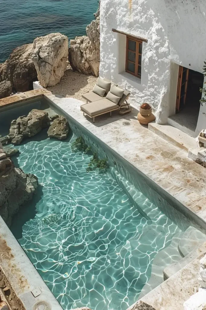 Cliffside Mediterranean pool house with turquoise pool, rugged rocks, whitewashed walls, sun loungers, and coastal views.