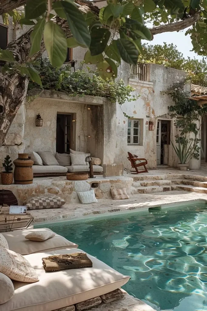 Rustic Mediterranean poolside with stone terrace, lush greenery, cozy seating, and natural charm.

Mediterranean Pool House Ideas