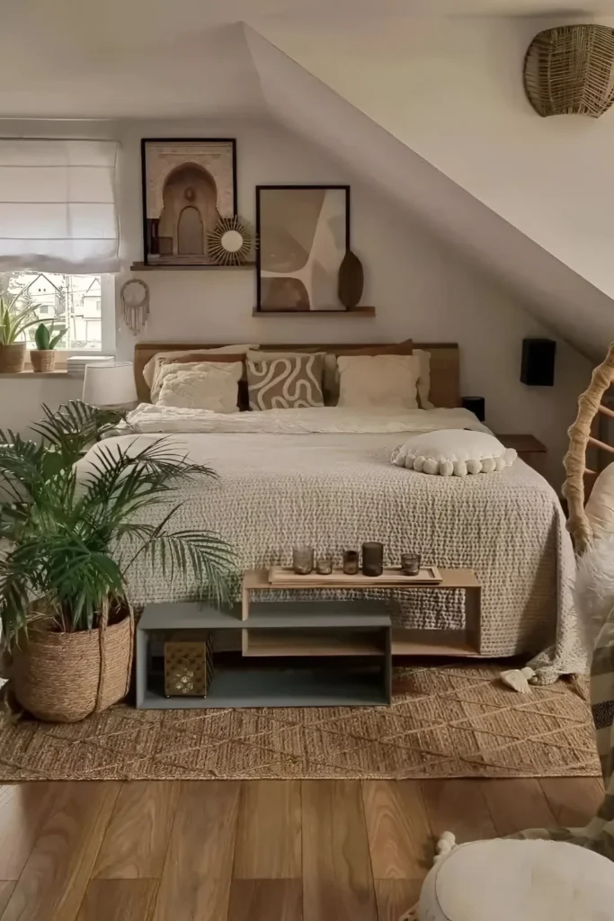 Small attic bedroom with neutral decor, textured bedding, potted plants, woven rug, and boho-inspired wall art.