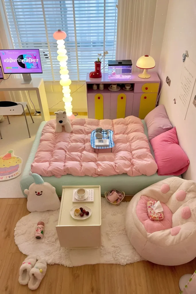 Small bedroom with pastel decor, pink bedding, colorful storage cabinets, fluffy rugs, and playful accents.