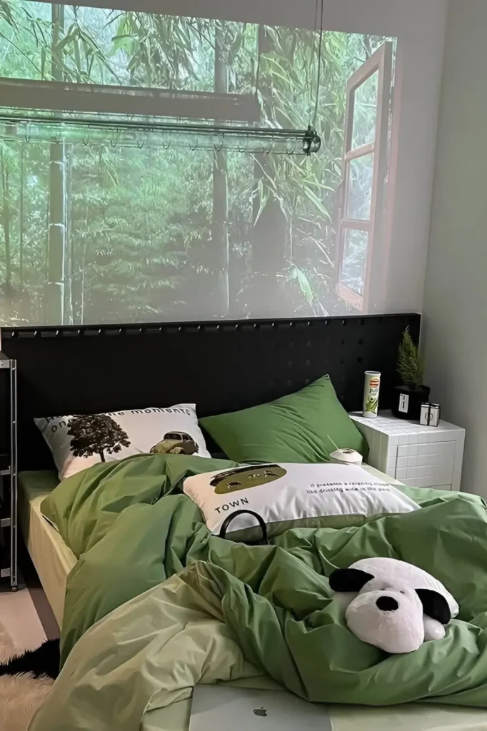 Small bedroom with green bedding, forest wall projection, black headboard, and minimalist decor.