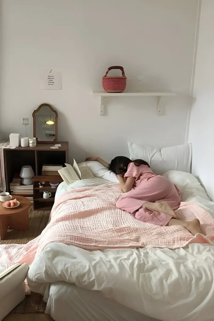 Minimalist small bedroom with blush pink accents, white bedding, floating shelf, and cozy reading nook.