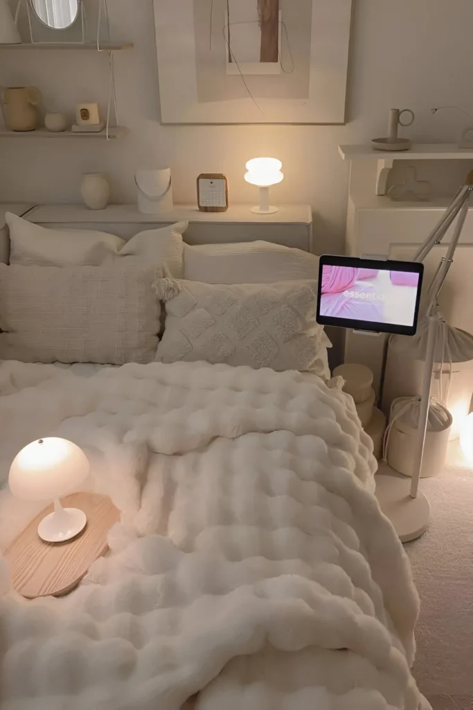 Minimalist small bedroom with plush white bedding, textured pillows, warm lighting, and a mounted tablet stand.