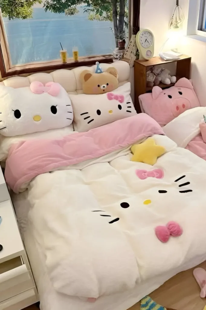 Small bedroom with character-themed bedding, pink accents, plush pillows, and soft wooden shelves.