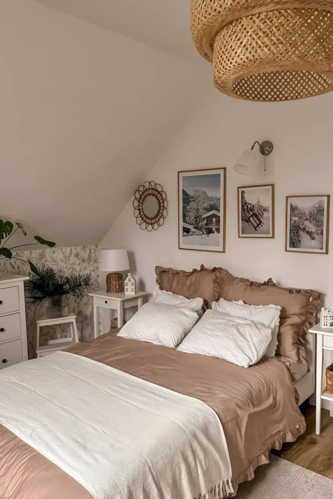 Rustic small attic bedroom with taupe bedding, framed wall art, botanical wallpaper, and woven light fixture.