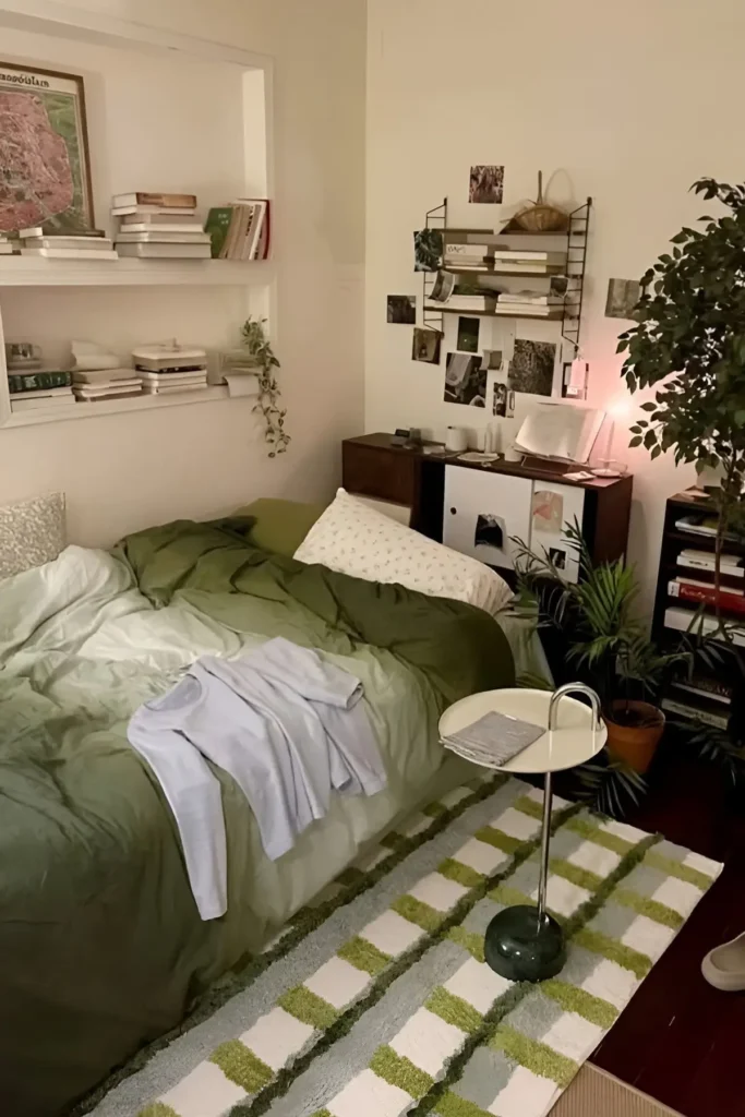 Small bedroom with green bedding, built-in shelves, potted plants, striped rug, and wall-mounted decor.