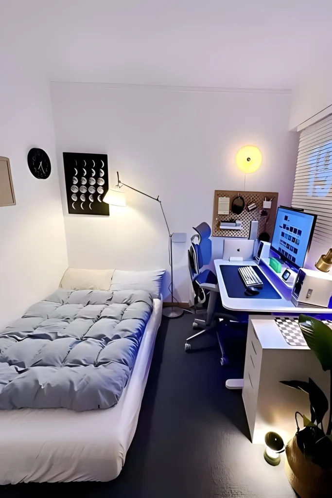 Modern small bedroom with gray bedding, sleek workstation, pegboard organizer, and ambient lighting.