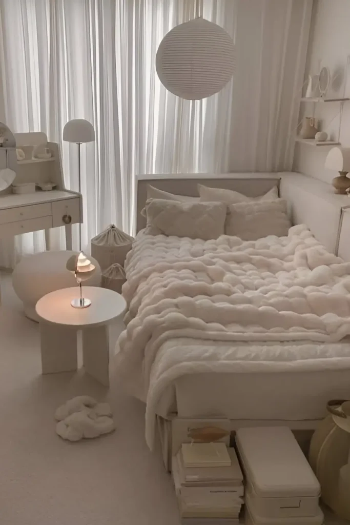 All-white small bedroom with plush bedding, modern side table, soft lighting, and minimalist decor.