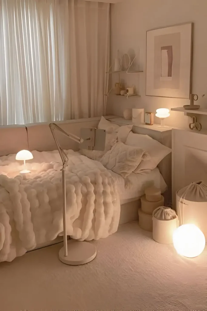 Small neutral bedroom with soft textured bedding, warm ambient lighting, minimalist shelves, and cozy decor.