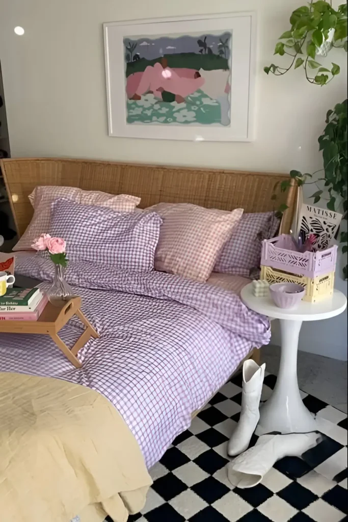 Stylish small bedroom with pastel bedding, rattan headboard, checkered rug, and greenery.