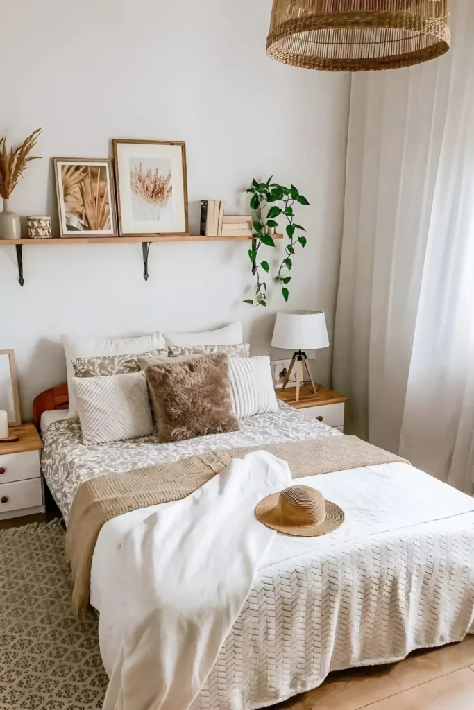 Earthy bedroom with layered bedding, natural wood shelf, greenery, and nature-themed decor.