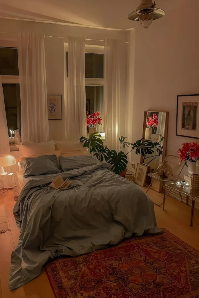 Cozy small bedroom with warm lighting, gray bedding, sheer curtains, and red floral accents.