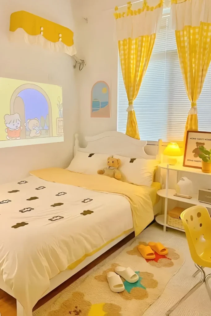 Small bedroom with yellow decor, gingham curtains, cloud bedding, and playful details.